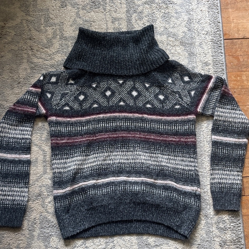 Hollister Charcoal Turtleneck Sweater with Pink and Cream Stripes
